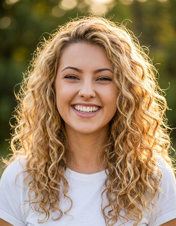 sample image of a white woman with long curly blonde hair.